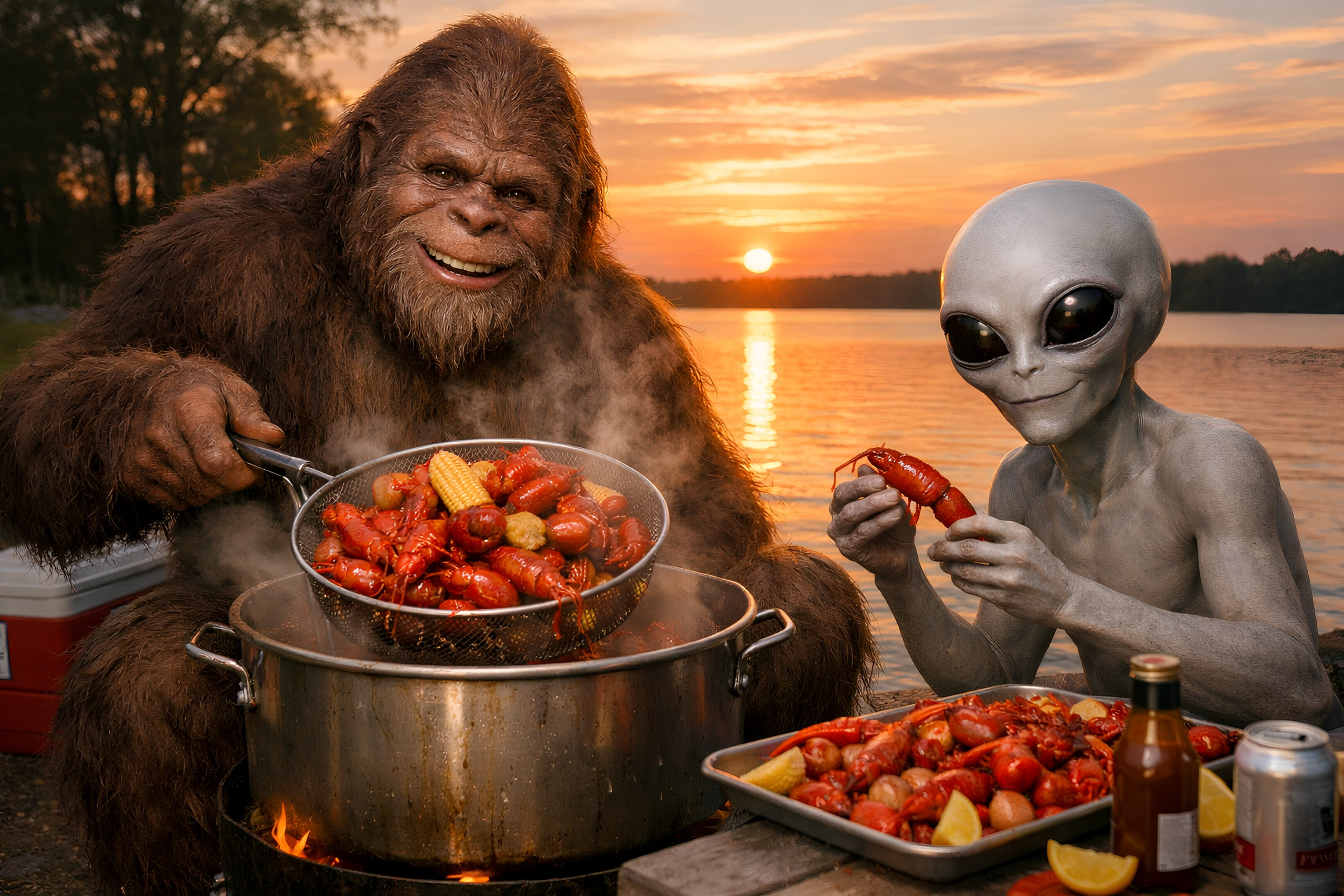 Sasquatch and alien boil crawl fish